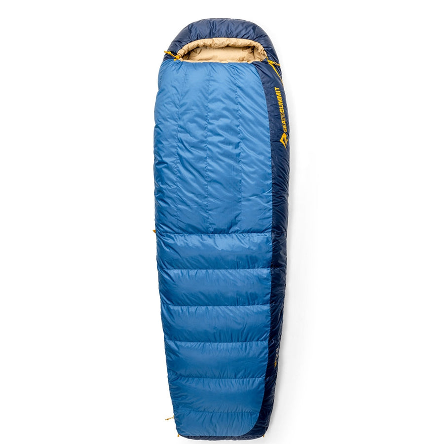 A Sea to Summit Circuit Down Sleeping Bag (-1°C) in blue, featuring a beige interior, yellow zipper, and yellow logo, is laid flat on a white background.