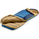 A lightweight Sea to Summit Circuit Down Sleeping Bag (-1°C) in blue and tan is unzipped and laid open on a white background, revealing its padded interior and attached hood.