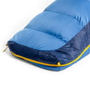 A close-up of the Sea to Summit Circuit Down Sleeping Bag (-1°C) in blue and navy, featuring a yellow zipper, displayed on a white background.