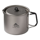 The MSR Titan Kettle 900mL is a silver titanium camping pot with a lid and foldable black handle, featuring “MSR TITANIUM 900ml” printed on the side—making this ultralight kettle ideal for backpacking cookware needs.