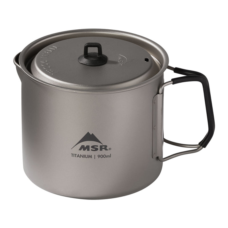 The MSR Titan Kettle 900mL is a silver titanium camping pot with a lid and foldable black handle, featuring “MSR TITANIUM 900ml” printed on the side—making this ultralight kettle ideal for backpacking cookware needs.