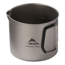 The MSR Titan Kettle 900mL, a titanium camping mug with a black handle and mountain logo, is shown on a white background—ideal as an ultralight kettle or camping pot for your backpacking cookware setup.