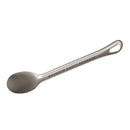 A titanium Titan Long Spoon by MSR, featuring an extended handle engraved with the MSR logo and a hanging hole at the end—an essential backcountry utensil ideal for any ultralight camp cookware setup.