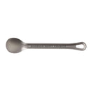The MSR Titan Long Spoon is an ultralight gray titanium camp utensil with “MSR” engraved on the handle and a small hole at the end for convenient hanging—making it perfect for backcountry adventures.