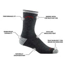 The Darn Tough Mens Hiker Micro Crew Midweight Hiking Socks in gray and black offer a performance fit, merino wool for multi-day use, blister-free durability, moisture-wicking, heat regulation, a seamless toe, and natural odor resistance.
