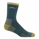 The Darn Tough Mens Hiker Micro Crew Midweight Hiking Sock in dark teal features yellow and gray accents plus a white mountain logo—designed for blister-free hiking comfort.