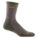 The Darn Tough Mens Hiker Micro Crew Midweight Hiking Sock in gray and green features a yellow mountain design and reinforced toe and heel—perfect for hikers wanting blister-free comfort.