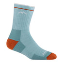 The Darn Tough Womens Hiker Micro Crew Midweight Hiking Socks feature light blue fabric, rust heel/toe accents, a white ankle logo, thin rust stripe near the ribbed cuff, and reinforced heel/toe areas for a blister-free fit.