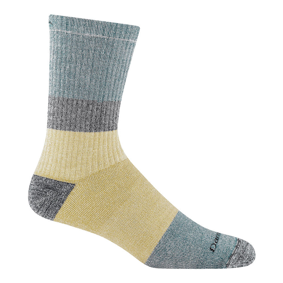 Multicolored sock with gray, beige, and blue stripes on a white background