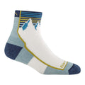 The Darn Tough Womens Hiker Quarter Midweight Hiking Socks feature a blue, white, and yellow mountain and stripe design plus reinforced heel and toe for comfort and durability—making them ideal for the trail.