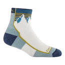 The Darn Tough Womens Hiker Quarter Midweight Hiking Socks feature a blue, white, and yellow mountain and stripe design plus reinforced heel and toe for comfort and durability—making them ideal for the trail.