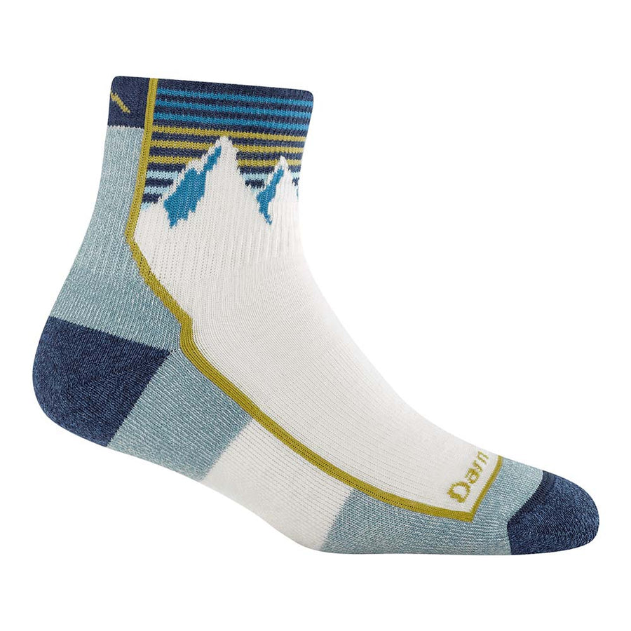 The Darn Tough Womens Hiker Quarter Midweight Hiking Socks feature a blue, white, and yellow mountain and stripe design plus reinforced heel and toe for comfort and durability—making them ideal for the trail.