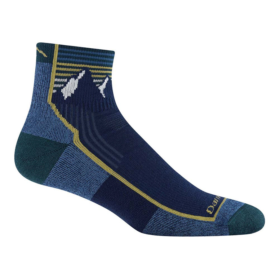 The Darn Tough Mens Hiker Quarter Midweight Hiking Sock is a single blue Merino wool sock with green, yellow, and white accents, geometric ankle pattern, reinforced toe and heel, and a performance fit for hiking.