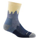 The Darn Tough Womens Treeline Micro Crew Midweight Hiking Socks feature dark blue and gray tree designs with a yellow gradient sky and crescent moon, reinforced toe and heel for durability, and “Darn” near the toe—perfect for hiking.