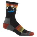 The Darn Tough Mens Sunset Ridge Micro Crew Lightweight Hiking Sock is black with a gray heel and toe, a colorful mountain scene with river and sun, plus orange, yellow, and green ankle stripes—designed for comfort on hikes.