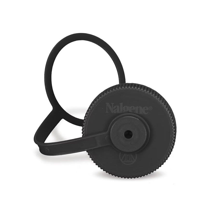 black nalgene wide mouth lid on a white background