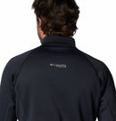 A person with dark hair is shown from the back wearing a black Columbia Mens Crystal Leaf Omni-Heat Helix Technical Half Zip Fleece, featuring the white logo on the upper back—a stylish, high-performance midlayer for outdoor activities.