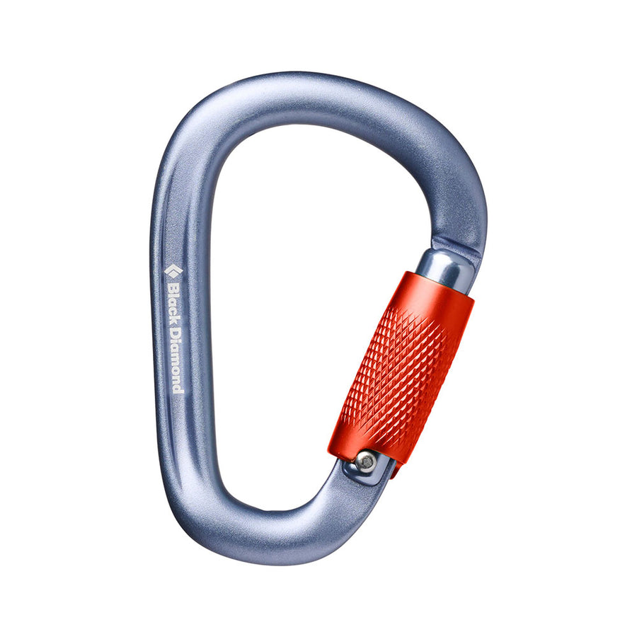 Silver carabiner with a red lock on a white background