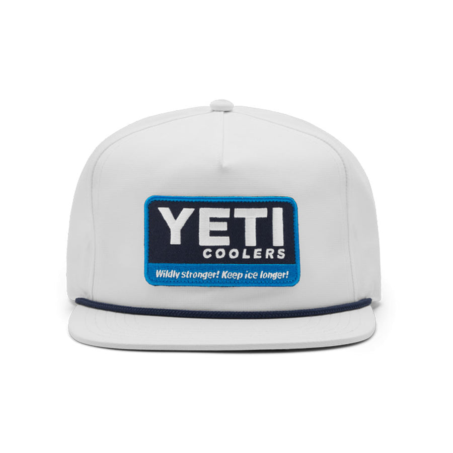White cap with a YETI Coolers logo on a white background