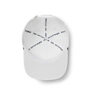 White cap with black text on a white background