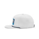 White cap with a blue logo on a white background