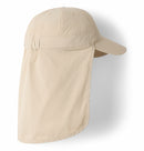 The Columbia Schooner Bank II Cachalot Hat is a beige hiking hat with a curved brim and long neck flap, offering UPF 50 sun protection, lightweight comfort, and durable stitched details along the brim and flap.