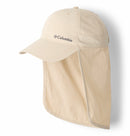 The Columbia Schooner Bank II Cachalot Hat in beige features UPF 50 sun protection, a curved brim, and an extended neck flap for extra coverage, shown on a white background.