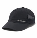 The Columbia Tech Shade II Cap is a lightweight black hiking hat with mesh side panels for ventilation and a white embroidered logo on the front, designed for comfort and breathability on active days.