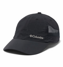 The Columbia Tech Shade II Cap is a lightweight black hiking hat with mesh side panels for ventilation and a white embroidered logo on the front, designed for comfort and breathability on active days.