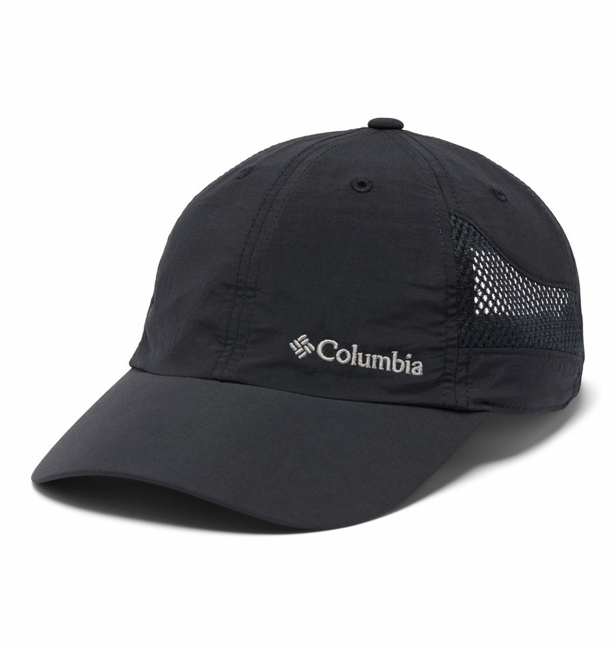 The Columbia Tech Shade II Cap is a lightweight black hiking hat with mesh side panels for ventilation and a white embroidered logo on the front, designed for comfort and breathability on active days.