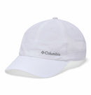 The Columbia Tech Shade II Cap is a lightweight white hiking hat with side ventilation panels and an embroidered Columbia logo, offering moisture-wicking comfort—ideal for outdoor adventures.