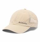 The Columbia Tech Shade II Cap is a beige, lightweight hiking hat with a curved brim, mesh side panels for ventilation, and an embroidered logo. It features moisture-wicking fabric for comfort during outdoor adventures.