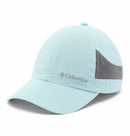 The Columbia Tech Shade II Cap is a light blue hiking hat with mesh gray ventilation panels, moisture-wicking fabric, and the Columbia logo embroidered on the front—designed to keep you cool and comfortable outdoors.