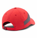 A red Columbia Tech Shade II Cap shown from the back features a gray mesh side panel and an adjustable strap with metal buckle—ideal as a lightweight hiking hat.