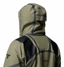 A close-up of the back and hood of the Columbia Mens Whistler Peak Waterproof Shell Jacket in olive green, showcasing black accents, taped seams, technical details, and the Columbia logo.