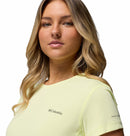 A woman with long blonde hair wears a Columbia Womens Zero Rules Light Technical T-shirt, featuring sweat-activated cooling, as she looks confidently at the camera against a plain white background.