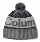 Gray and black beanie with pom-pom on a white background