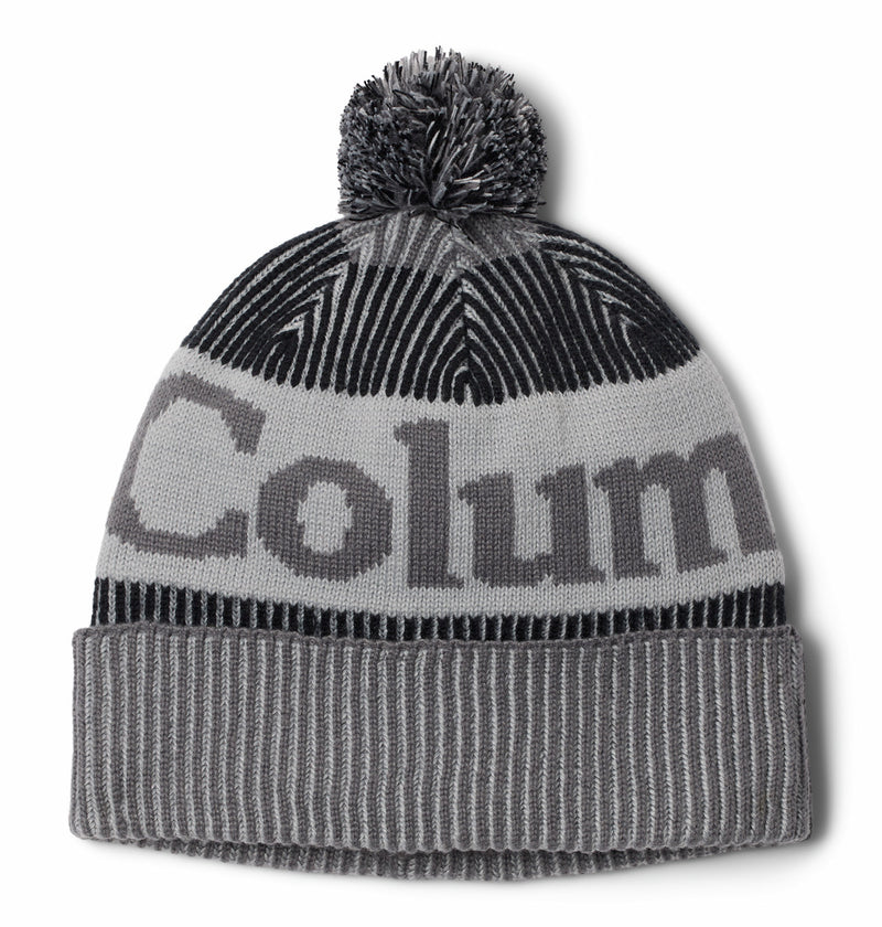 Gray and black beanie with pom-pom on a white background