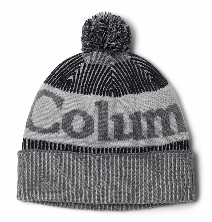 Gray and black beanie with pom-pom on a white background