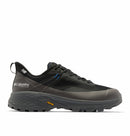 A black Columbia Mens Tellurix Titanium Outdry Hiking Shoe with Omni‑Max Plus tech, Vibram Megagrip outsole, mesh and synthetic upper, and blue lace eyelet accents, shown side view on a white background.