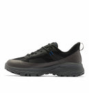 The Columbia Mens Tellurix Titanium Outdry Hiking Shoe is a black, low-cut waterproof shoe with a Vibram Megagrip outsole, mesh upper, black laces, a blue accent near the eyelets, and reinforced toe and heel sections.