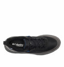 Top view of a black Columbia Mens Tellurix Titanium Outdry Hiking Shoe with black laces, heel pull tab, and visible Columbia Titanium logo on the insole. Features Omni‑Max Plus tech for enhanced comfort on every adventure.