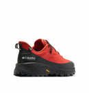 The Columbia Mens Tellurix Titanium Outdry Hiking Shoe in red and black features a rugged textured sole, black toe cap and heel, Omni‑Max Plus tech, and the Columbia logo on the side, displayed against a plain white background.