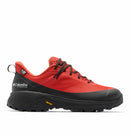 The Columbia Mens Tellurix Titanium Outdry Hiking Shoe, shown from the side against a white background, features a bright red upper with black and gray accents, black laces, a rugged Vibram Megagrip outsole, and Omni-Max Plus technology.