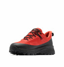 The Columbia Mens Tellurix Titanium Outdry Hiking Shoe features a bright red and black waterproof design with black laces and a rugged Vibram Megagrip outsole, displayed at an angle on a plain white background.