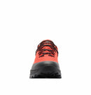 Front view of Columbia Mens Tellurix Titanium Outdry Hiking Shoe in red, featuring black laces, a black Vibram Megagrip outsole with textured tread, shown against a plain white background.