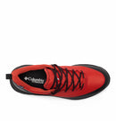 Top view of Columbia Mens Tellurix Titanium Outdry Hiking Shoe in red, with black and red laces, black sole, and insole featuring the Columbia Titanium logo. Features advanced Omni‑Max Plus technology for enhanced comfort and performance.