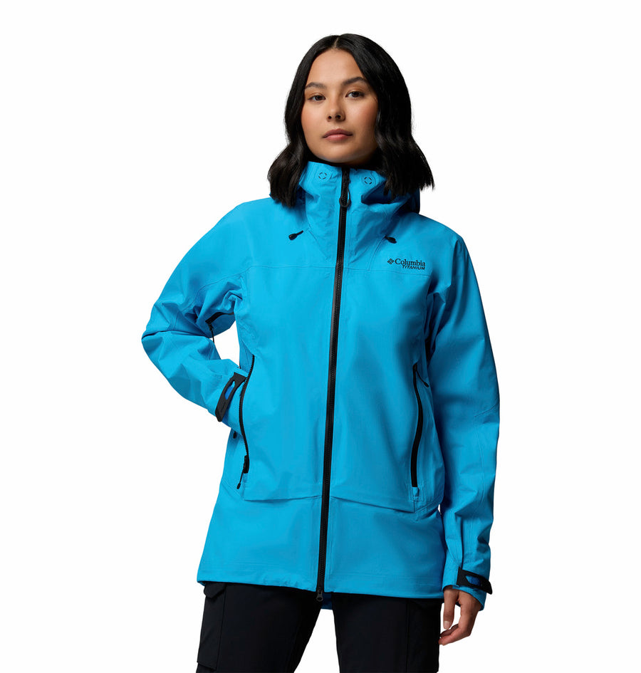 Columbia Women's Saudan Pro 3L Shell Jacket in Compass Blue being worn by a woman on a white background.