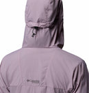 A close-up of the back of a lavender Columbia Womens Khyex Pro™ Wind Jacket with hood and adjustable drawstring, featuring the Columbia logo. This ultralight wind-resistant jacket delivers comfort and style for any adventure.