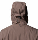 A back view of the Columbia Mens Trailborne 2.5L Waterproof Shell Jacket in brown, featuring an adjustable black hood drawstring with toggle, shown against a plain white background.